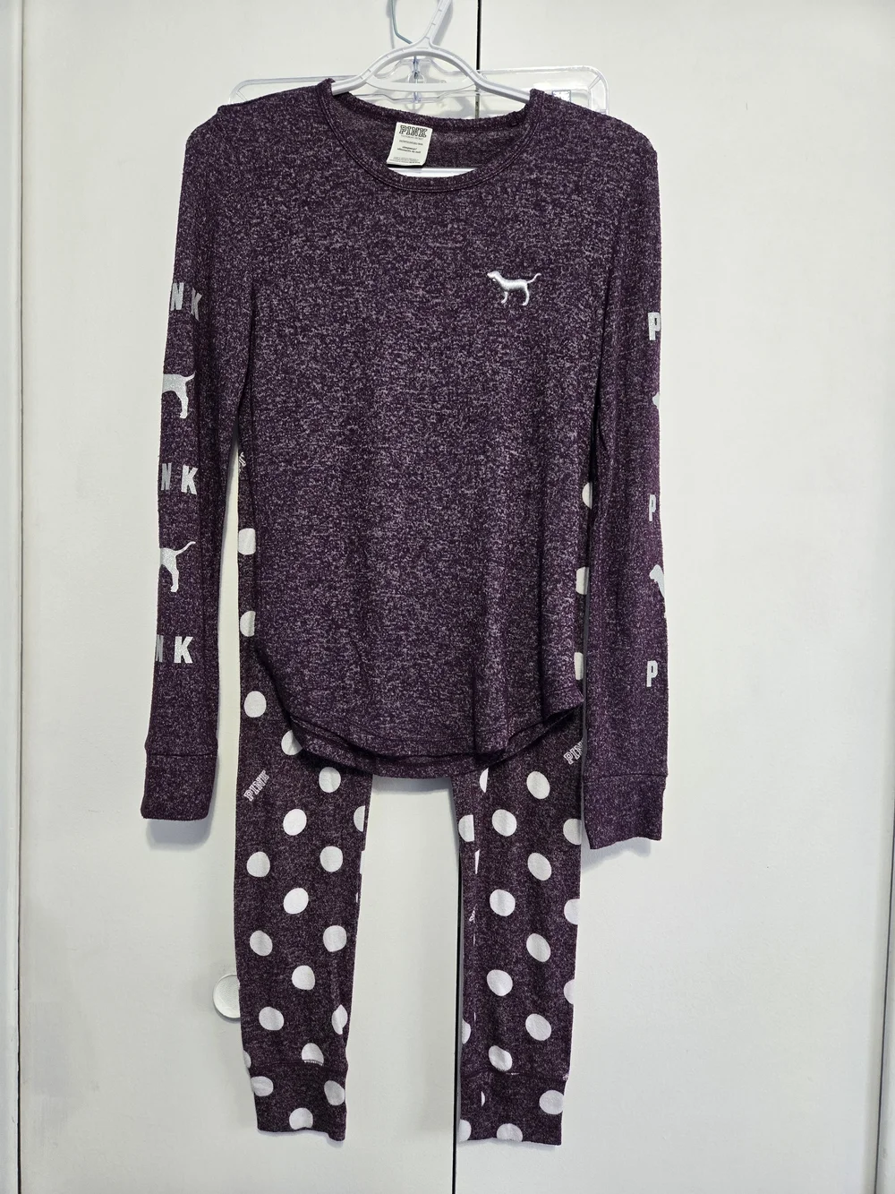 PINK Victoria's Secret Dog Logo Pajama Set XS Purple Polka Dot Sleepwear